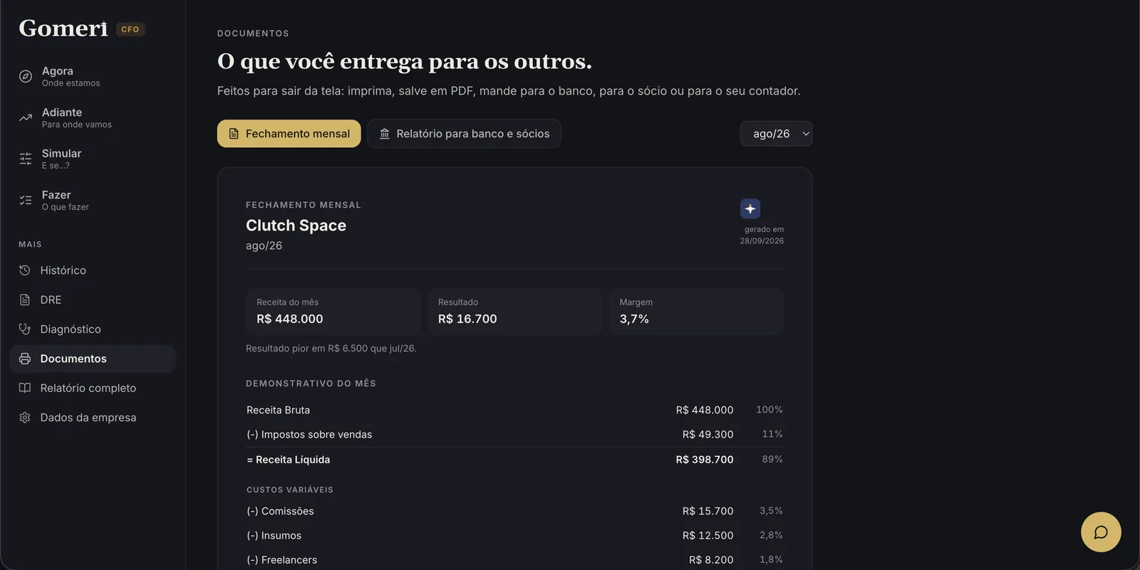 Tela Documentos: fechamento mensal da empresa pronto para imprimir, com receita de R$ 448 mil, resultado de R$ 16,7 mil, margem de 3,7% e a comparação contra o mês anterior